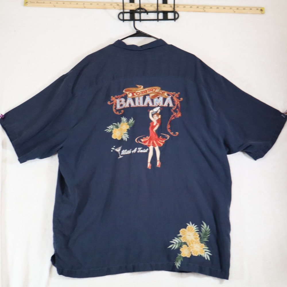 Tommy Bahama Men's XXL Navy Silk Camp Shirt "With A Twist" Embroidered Back